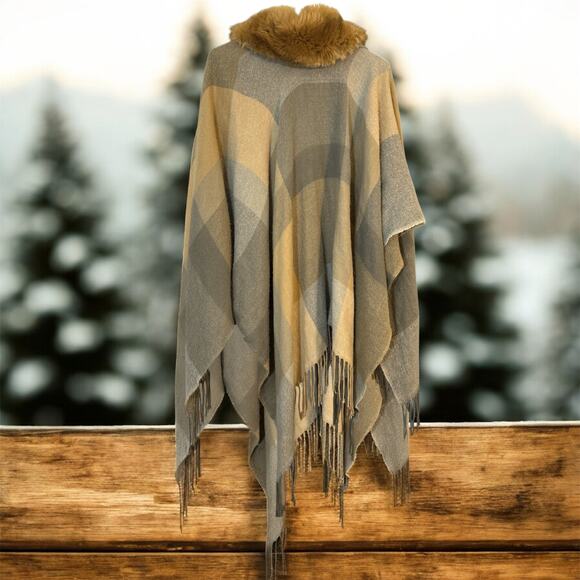 Grey/Beige Plaid Poncho One Size - Picture 1 of 5